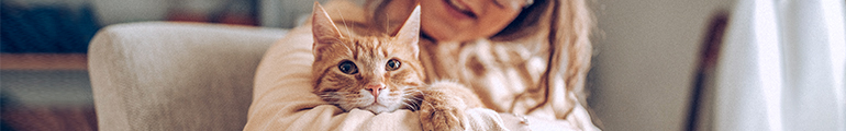 Eine Katzensitterin passt auf einen orangene Hauskatze in einer Wohnung auf. Die Katzensitterin hält die Katze im Arm und sie kuscheln.