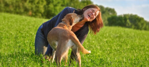 Braunhaarige Frau kniet mit braunem Mischlingshund auf grüner Wiese und wird abgeschleckt