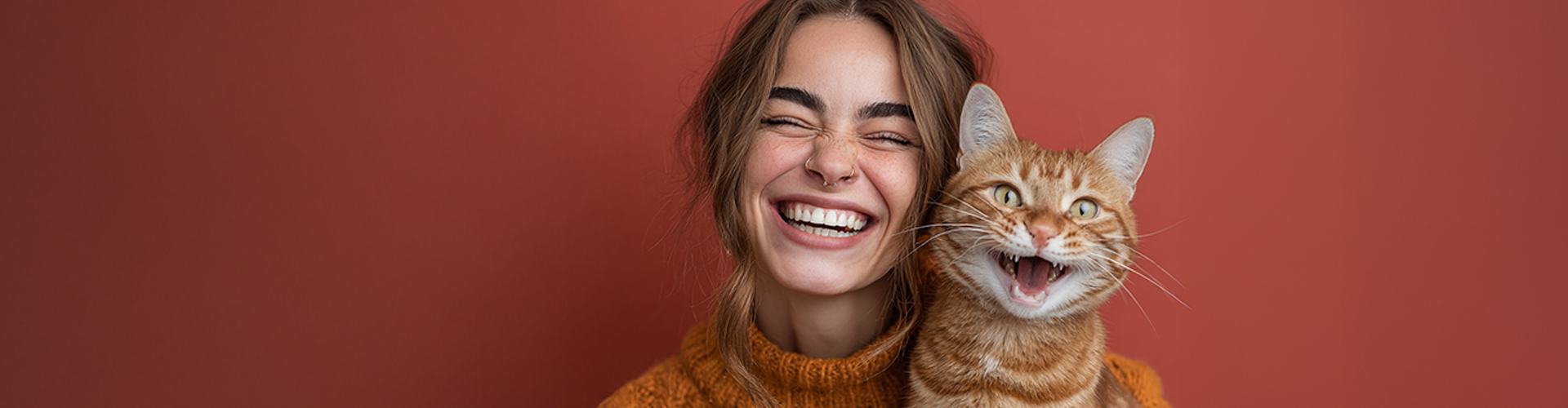 Eine Frau hält eine Katze neben ihr Gesicht, beide lächeln.