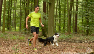 Mann mit grünem Tshirt läuft mit seinem schwarz weißen Hund durch den Wald. Der Hund springt vor Freude.