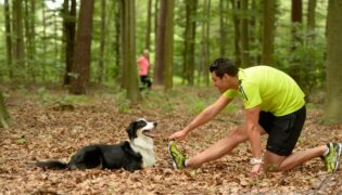 Hund und Mensch dehnen sich zusammen nach dem Sport im Wald. Fitness ist etwas für Hund und Mensch.