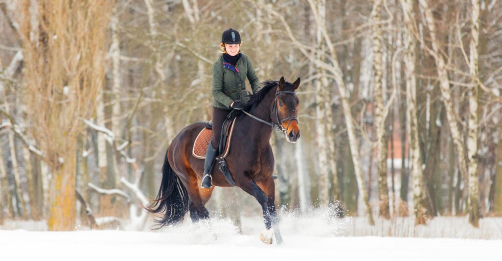 Eine Frau reitet mit ihrem Pferd durch den Schnee, sie haben ein schönes Wintertraining.