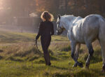 Frau mit Pferd auf Weide im Sonnenuntergang