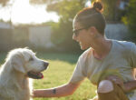 Junger Mensch spricht mit Hund auf der Wiese bei Sonnenschein mit Spielzeug in der Hand.