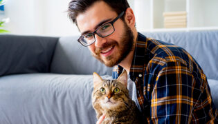 Katze schmust mit Besitzer in Wohnung vor Couch