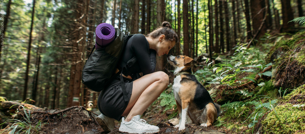 Frau mit Rucksack kniet im Wald vor dem Hund und schaut ihm ins Gesicht. Welche Ausrüstung gehört in den Rucksack beim Wandern mit Hund?