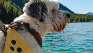 Ein blinder Hund genießt die frische Luft am See.