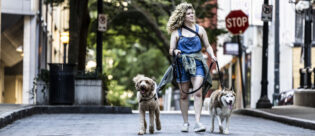 Frau mit zwei Hunden beim Gassi in der Stadt.