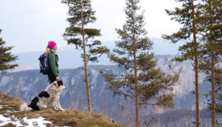 Eine Frau und ein Hund stehen vor einem Abhang im Wald und schauen auf ein Gebirge