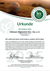 Urkunde Uelzener Versicherungen als Fördermitglied den IKV e.V.