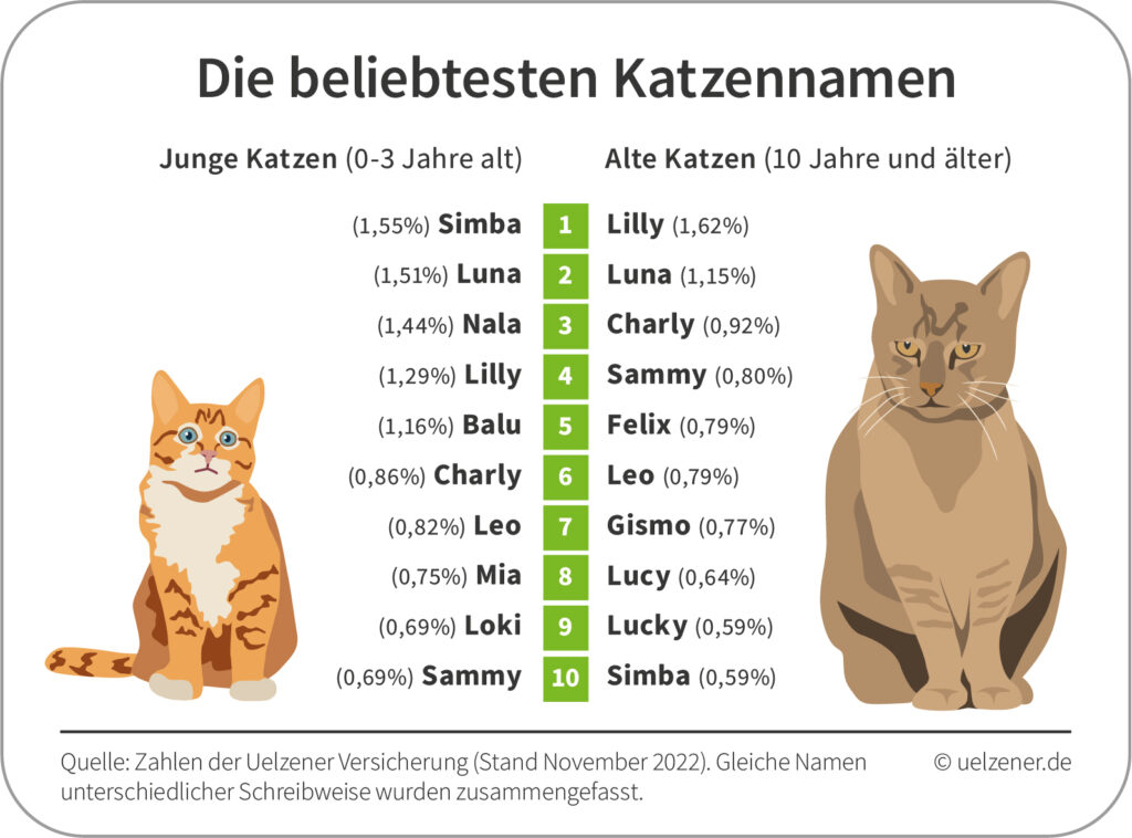 Infografik zu "Die beliebtesten Katzennamen" aus Kundendaten der Uelzener Versicherungen.