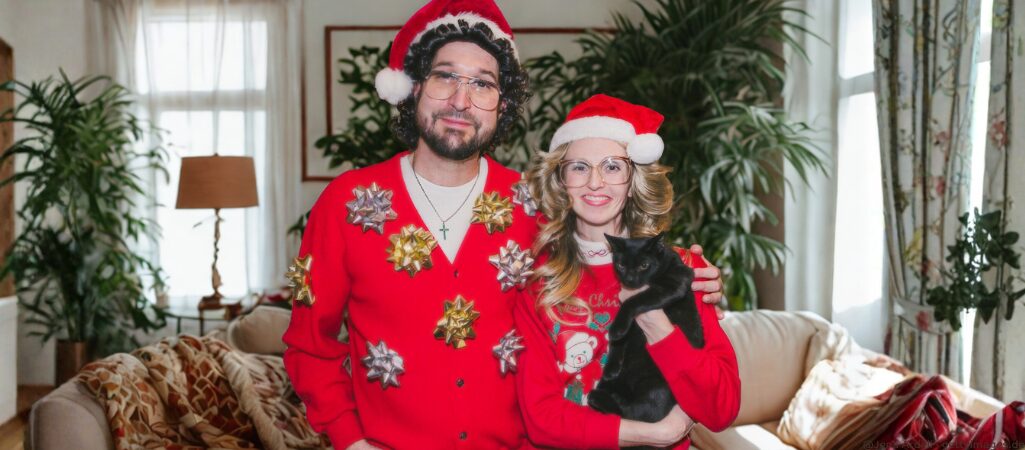 Katzenhalter und Katzenhalterin mit Katze auf dem Arm an Weihnachten.