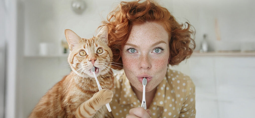 Frau mit Katze beim Zähneputzen