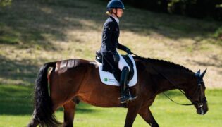 Julia Krajewski reitet auf ihrem Pferd auf einer grünen Weide.