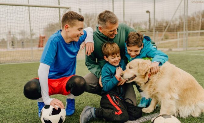 Hund mit Fußball-Familie.