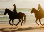 Zwei reitende Frauen am Strand.